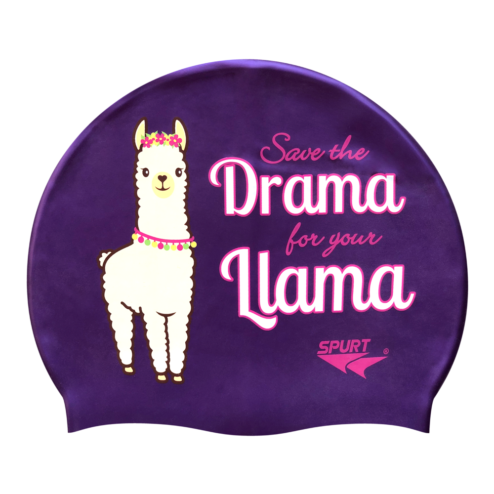 Llama and Save the Drama on SH73 Royal Purple Spurt Silicone Swim Cap