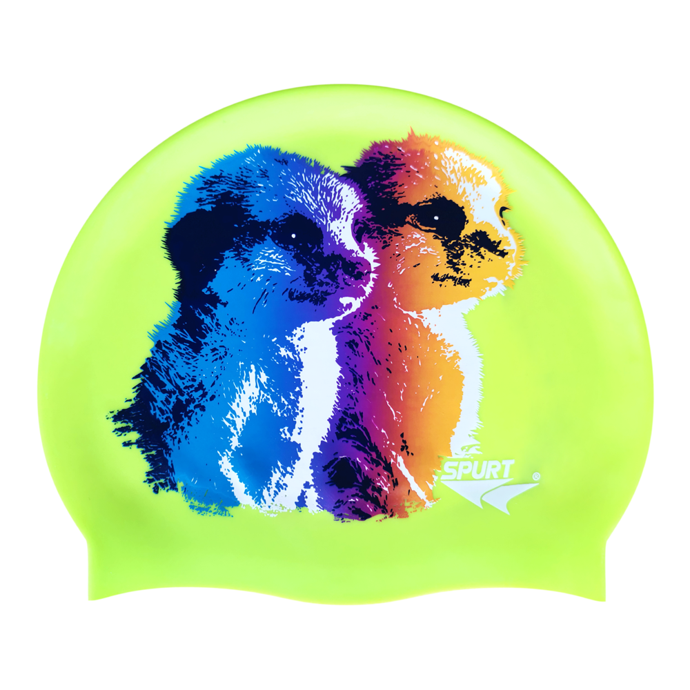 Baby Meerkats in Blending Colours on F213 Neon Yellow Spurt Silicone Swim Cap