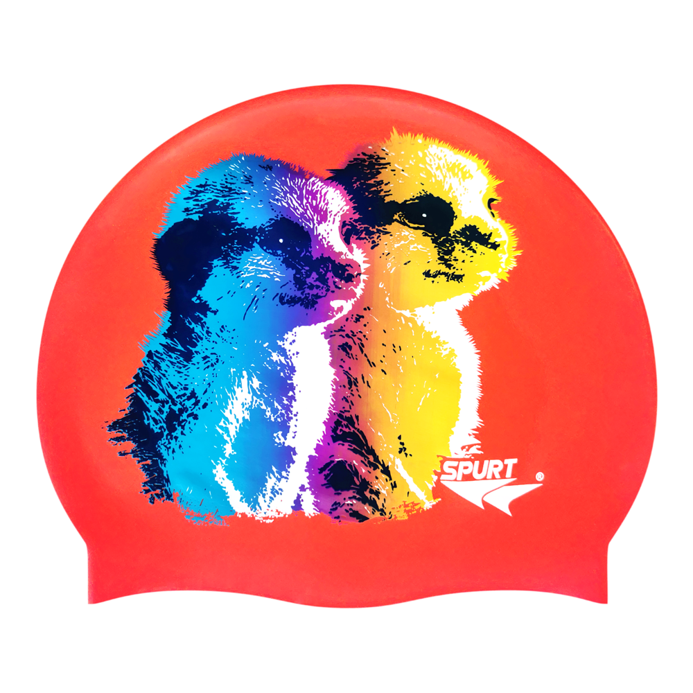 Baby Meerkats in Blending Colours on F214 Neon Coral Spurt Silicone Swim Cap