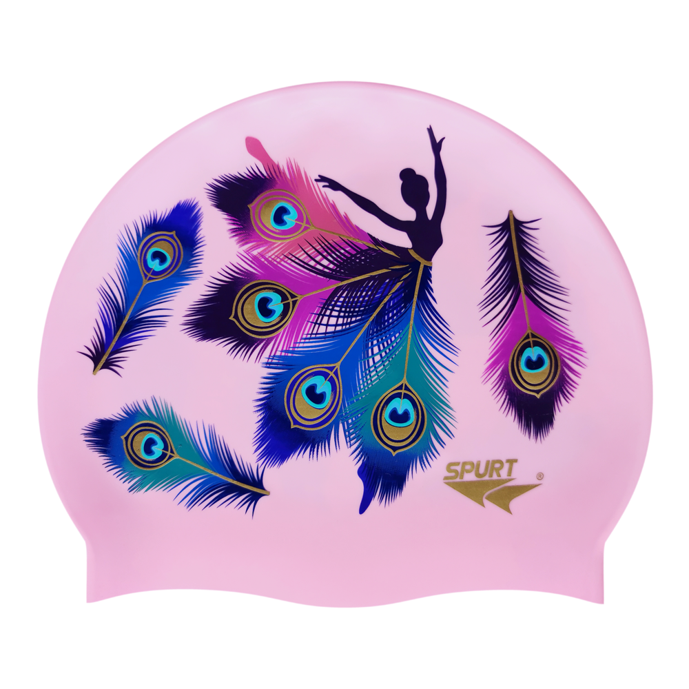 Peacock Feather Ballet Dancer on F239 Light Pink Spurt Silicone Swim Cap