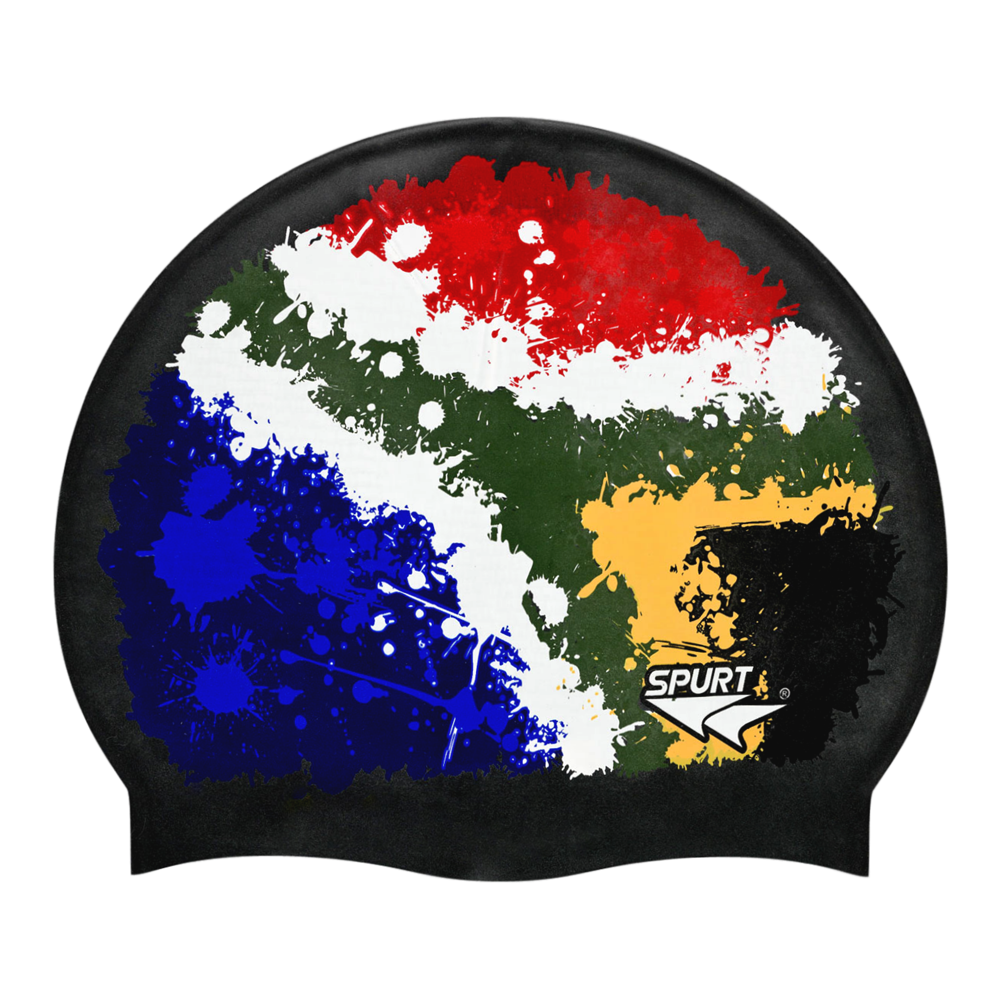 SA Flag Splash Design Mirror Image on F209 Deep Black Spurt Silicone Swim Cap