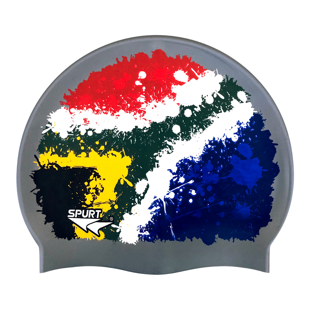 SA Flag Splash Design Mirror Image on F210 Dark Grey Spurt Silicone Swim Cap
