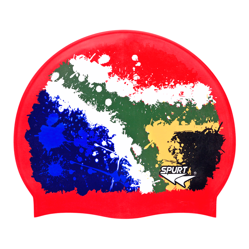 SA Flag Splash Design Mirror Image on F246 Crimson Red Spurt Silicone Swim Cap