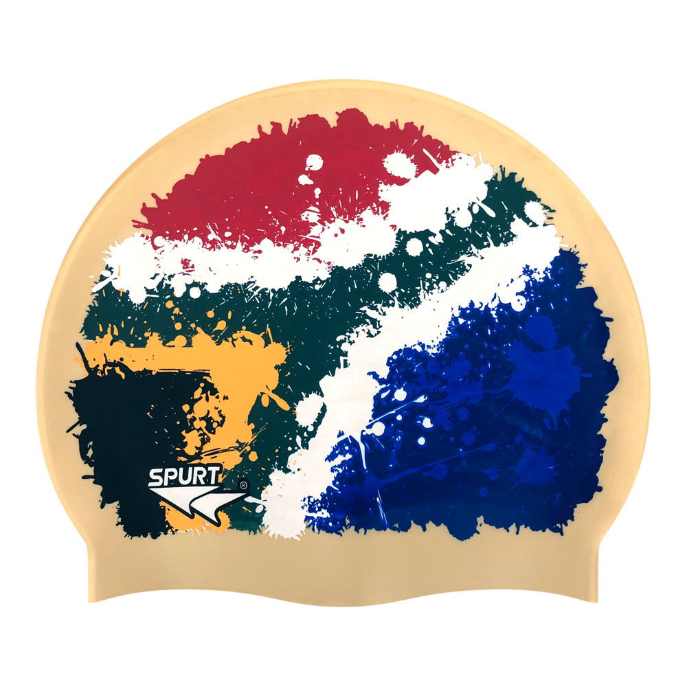 SA Flag Splash Design Mirror Image on SD15 Light Gold Spurt Silicone Swim Cap