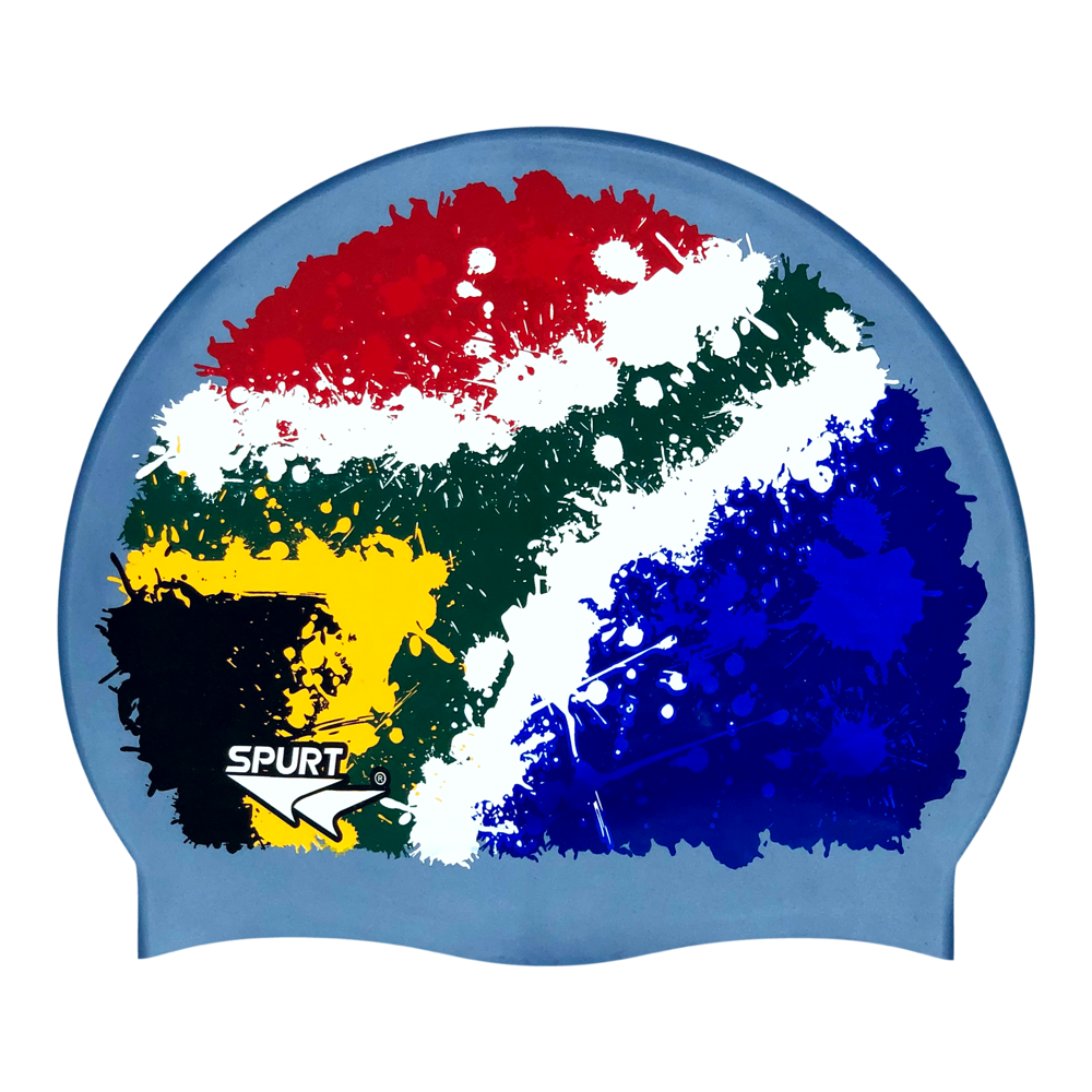 SA Flag Splash Design Mirror Image on SD17 Gun Metal Blue Spurt Silicone Swim Cap