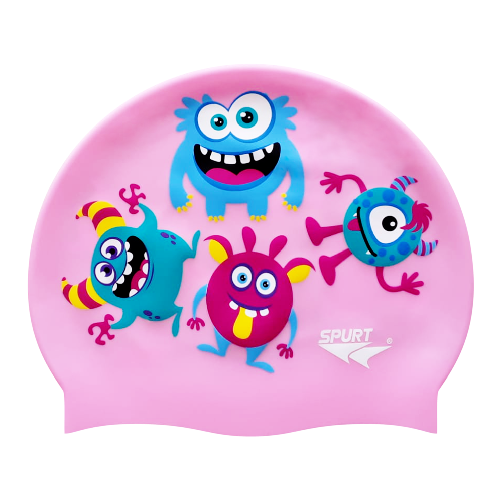 Scattered Cute Monsters on F239 Light Pink Spurt Silicone Swim Cap