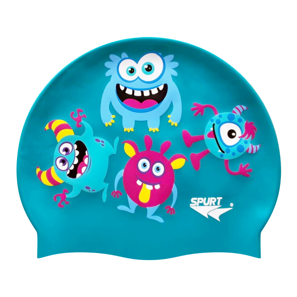 Scattered Cute Monsters on SD24 Turquoise Green Spurt Silicone Swim Cap