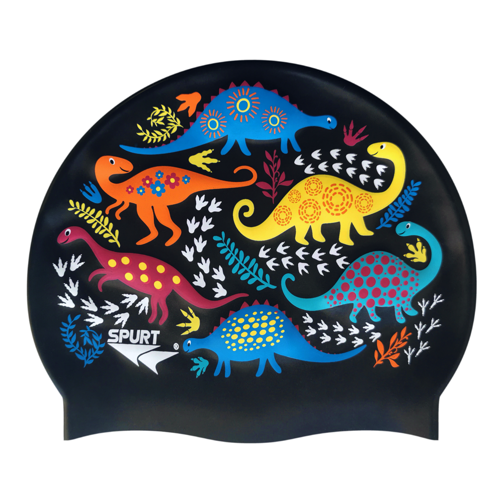 Scattered Dinosaurs and Footprints on SB14 Metallic Black Junior Spurt Silicone Swim Cap
