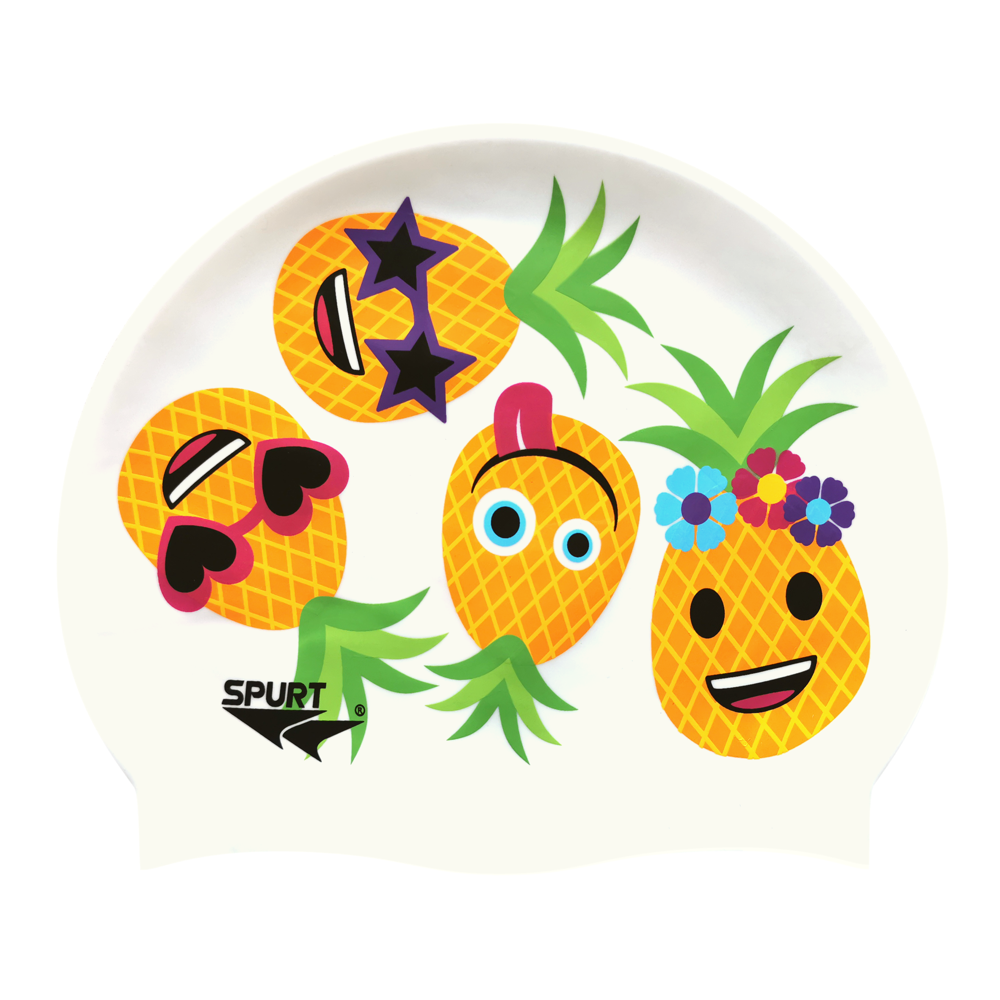 Scattered Fun Pineapple Faces on F211 Cool White Spurt Silicone Swim Cap