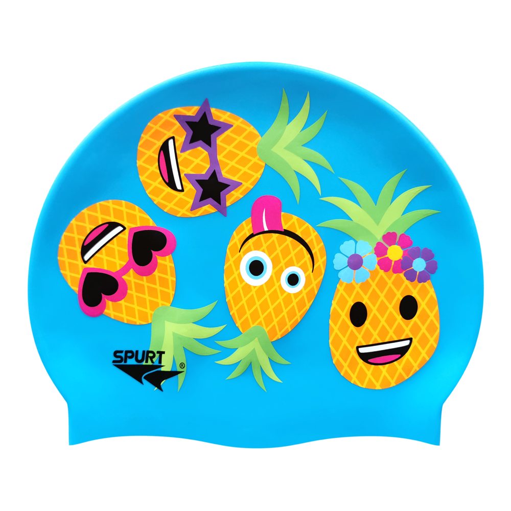 Scattered Fun Pineapple Faces on F218 Sky Blue Spurt Silicone Swim Cap