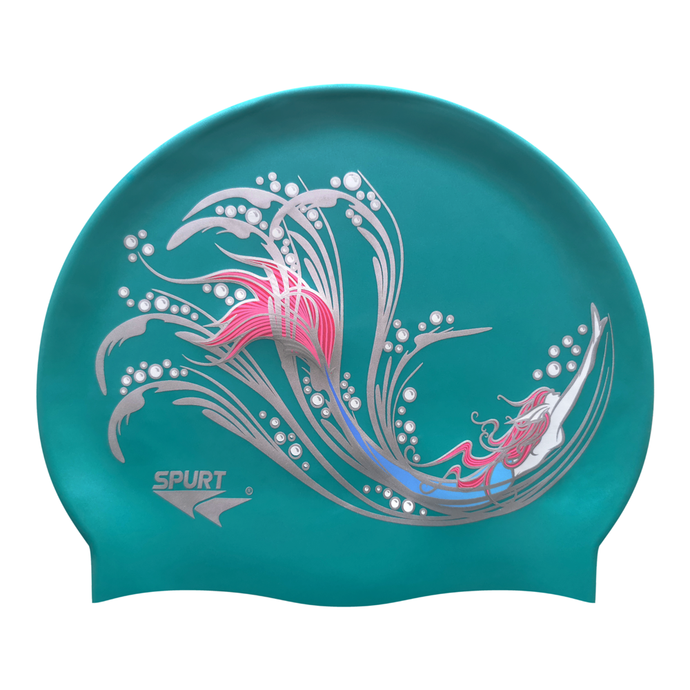Sketched Mermaid in Swirls on SD24 Turquoise Green Spurt Silicone Swim Cap
