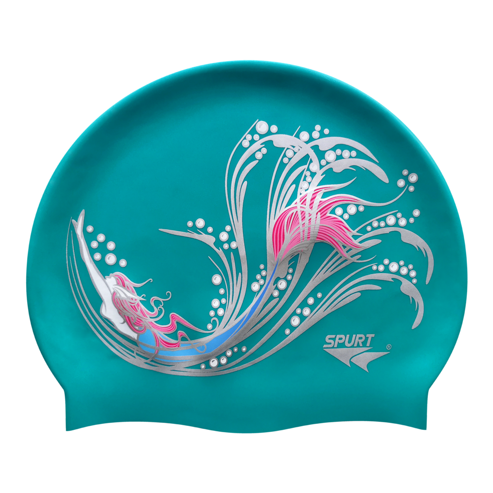 Sketched Mermaid in Swirls on SD24 Turquoise Green Spurt Silicone Swim Cap