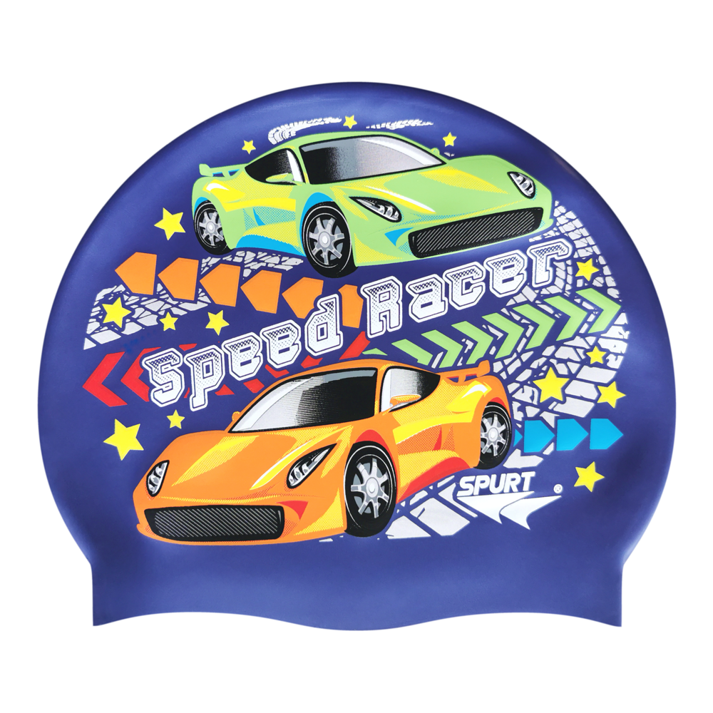 Speed Racer Cars and Track Comic Theme on SD16 Metallic Navy Spurt Silicone Swim Cap