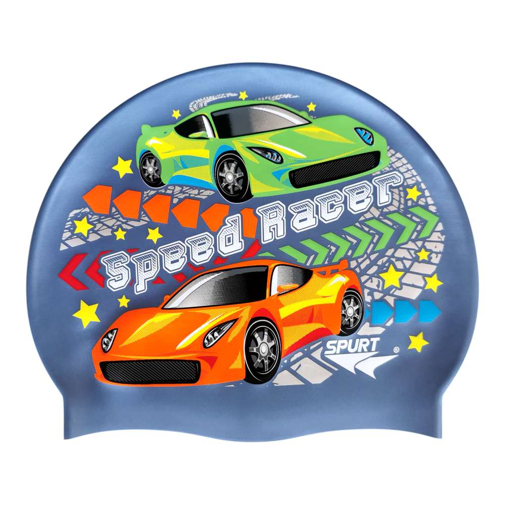 Speed Racer Cars and Track Comic Theme on SD17 Gun Metal Blue Spurt Silicone Swim Cap