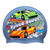 Speed Racer Cars and Track Comic Theme on SD17 Gun Metal Blue Spurt Silicone Swim Cap