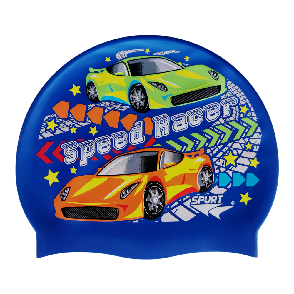 Speed Racer Cars and Track Comic Theme on SE25 Dark Blue Spurt Silicone Swim Cap