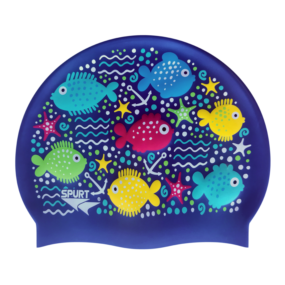 Scattered Sea Creatures and Squiggles on SD16 Metallic Navy Junior Spurt Silicone Swim Cap
