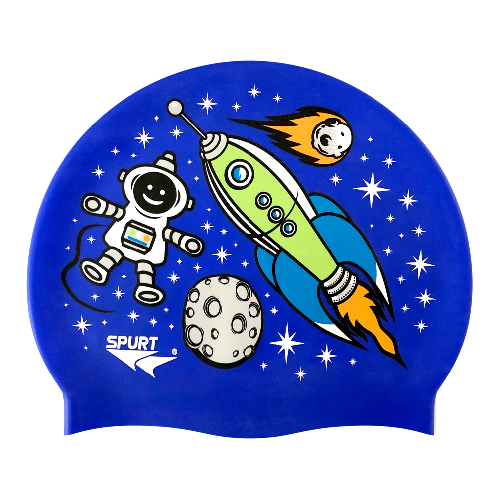 Space Theme with Rocket on F234 Royal Blue Spurt Silicone Swim Cap