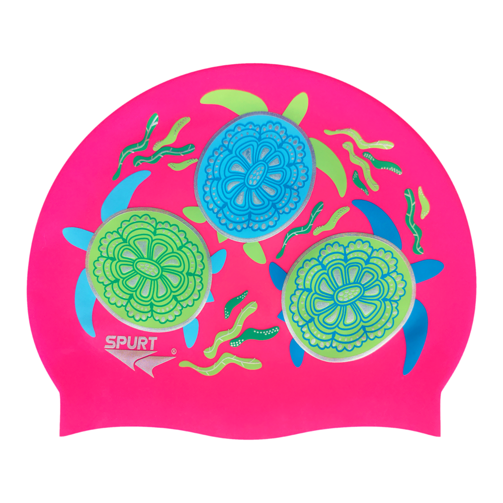 Tribal Turtles and Seaweed on F215 Bright Pink Spurt Silicone Swim Cap