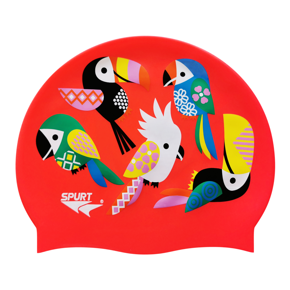 Toucans with Geometric Patterns on F214 Neon Coral Spurt Silicone Swim Cap