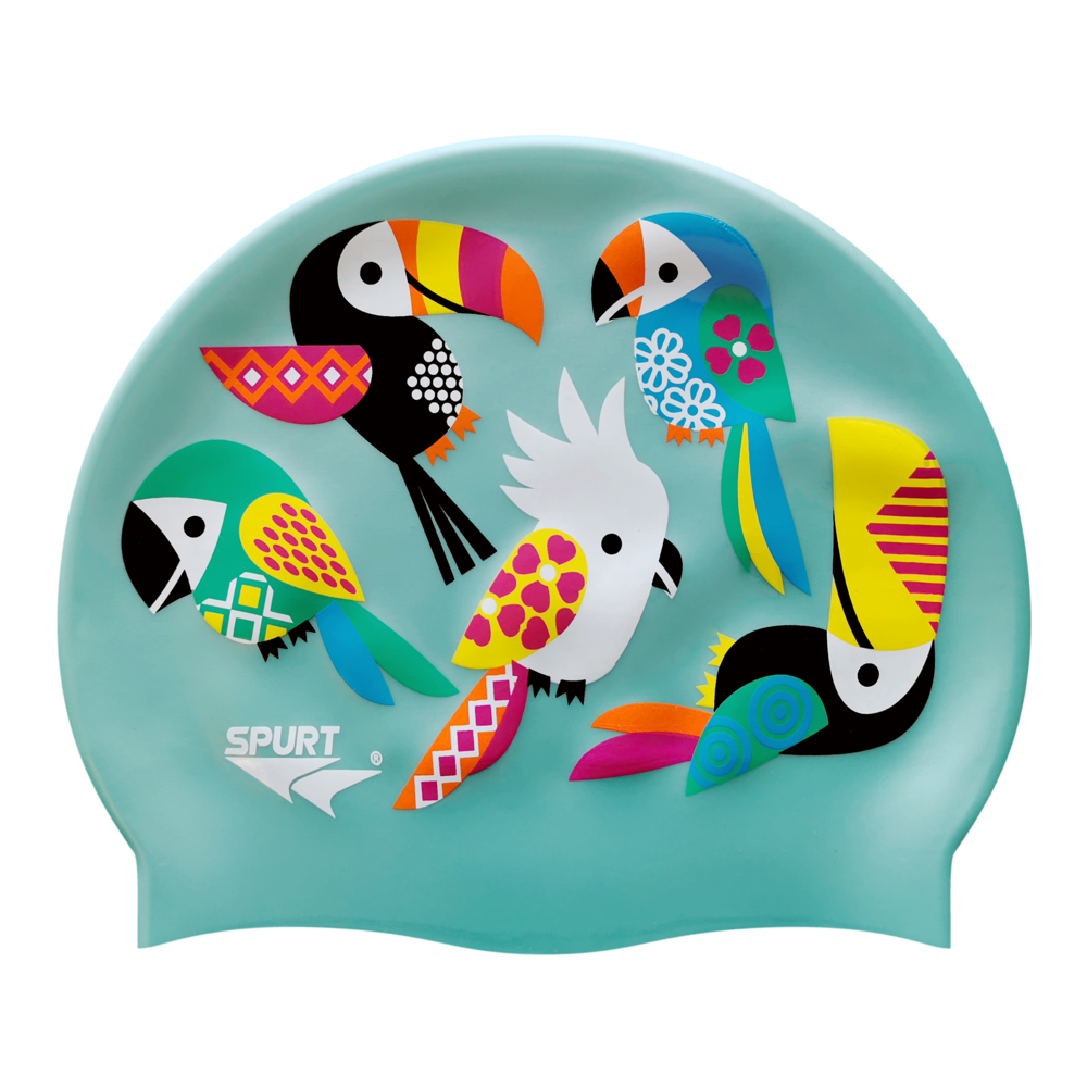 Toucans with Geometric Patterns on SD13 Pale Aquamarine Green Spurt Silicone Swim Cap