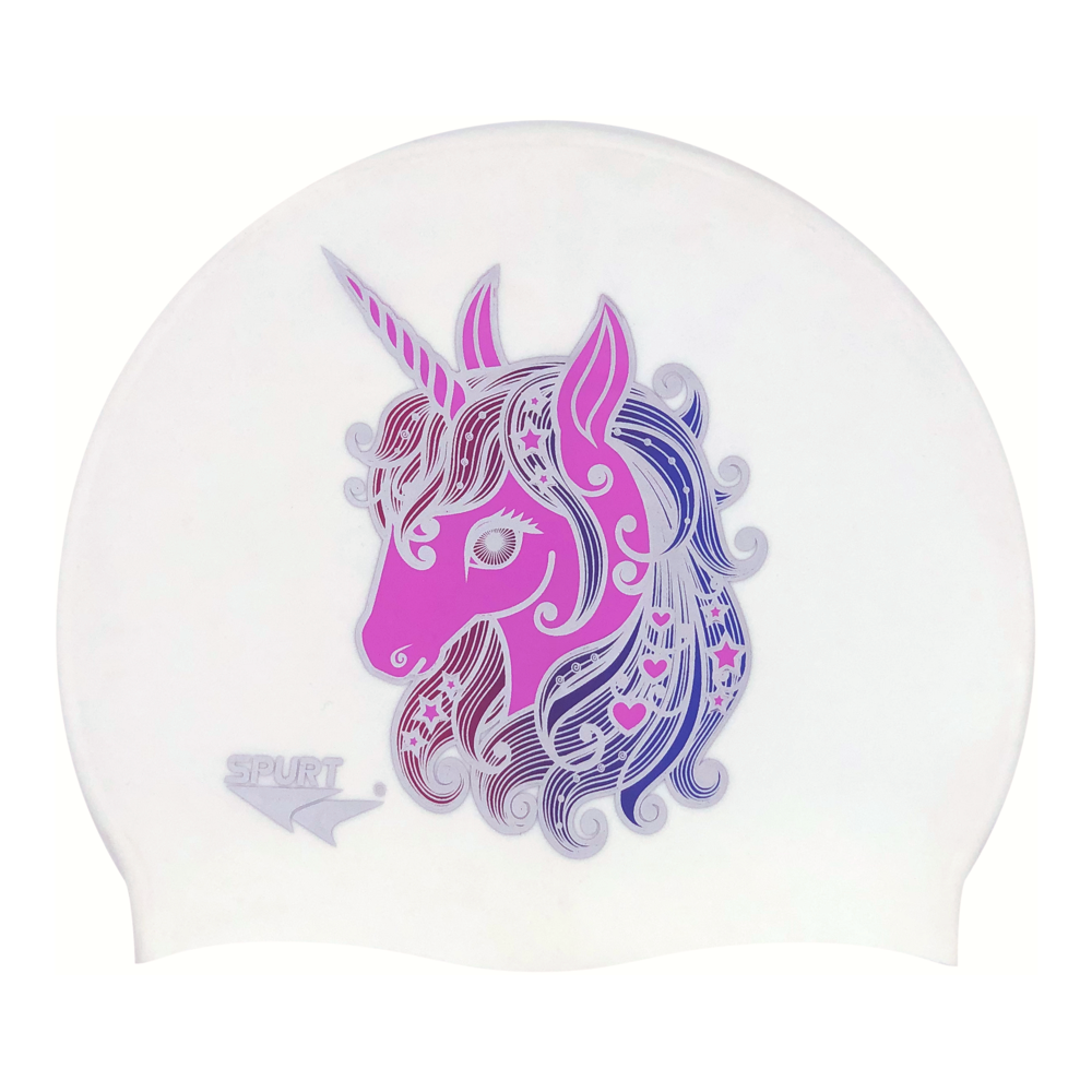 Unicorn with Stars and Hearts in Mane in Pink Body on F212 Warm White Spurt Silicone Swim Cap