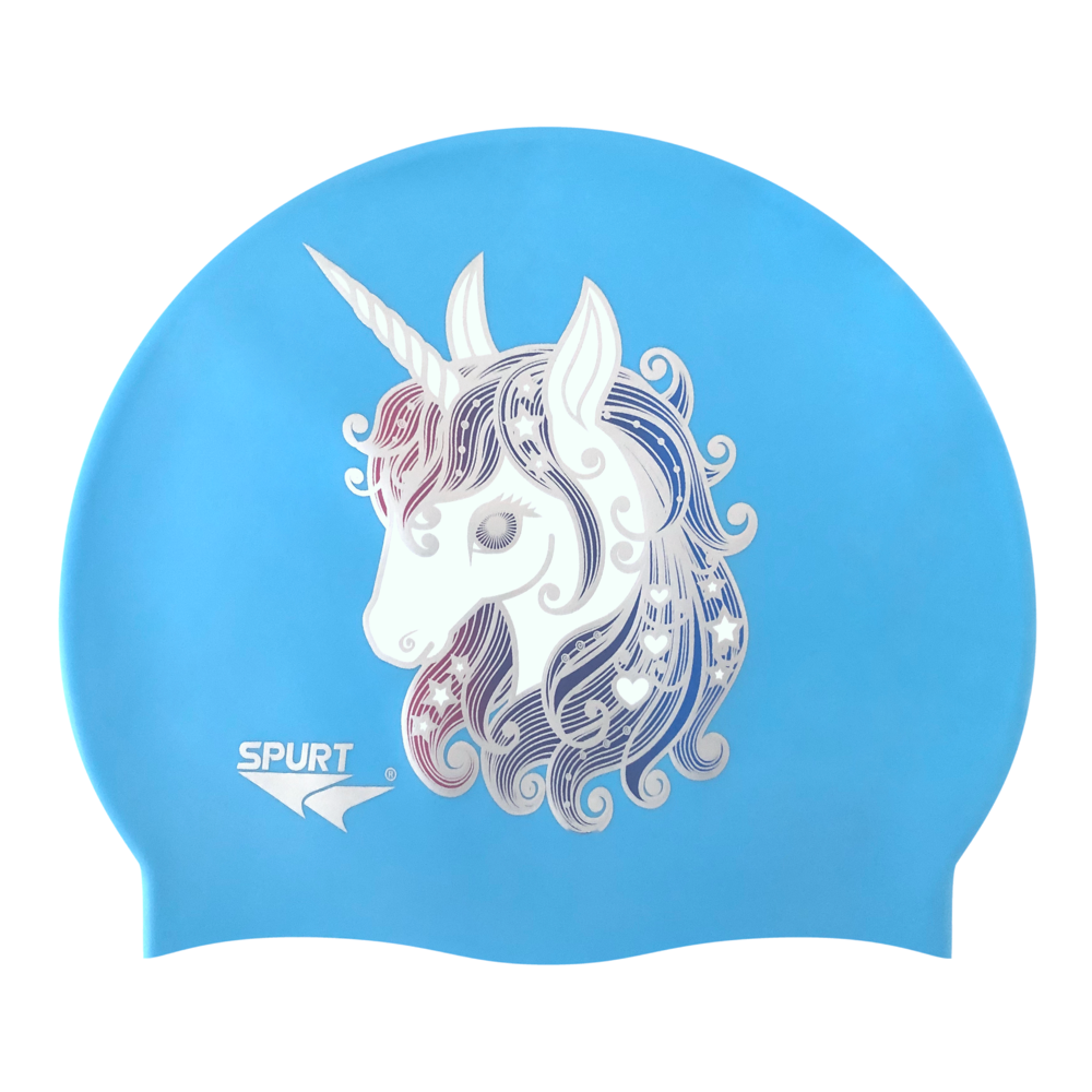 Unicorn with Stars and Hearts in Mane on F230 Light Sky Blue Spurt Silicone Swim Cap