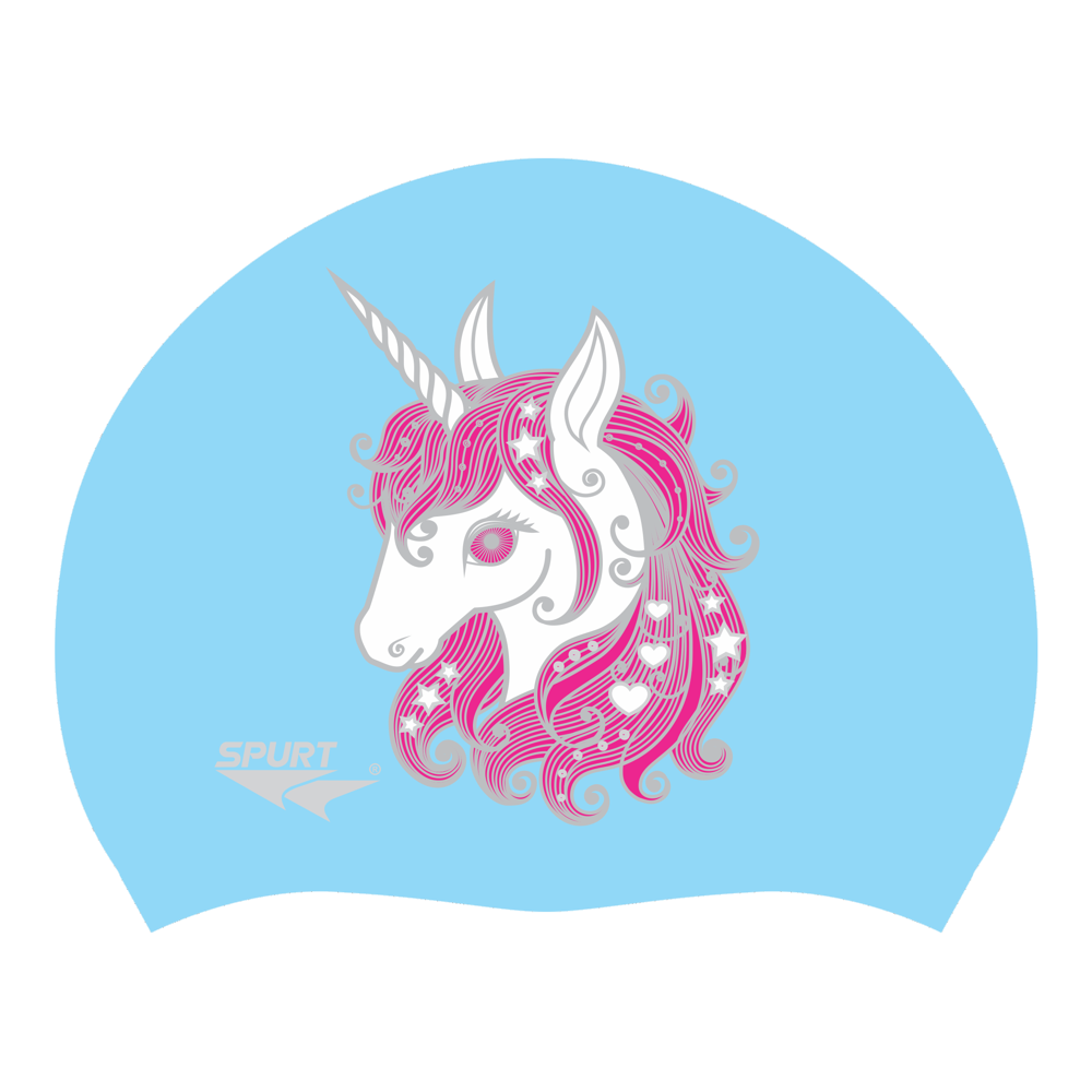 Unicorn with Stars and Hearts in Mane on F242 Light Blue Spurt Silicone Swim Cap