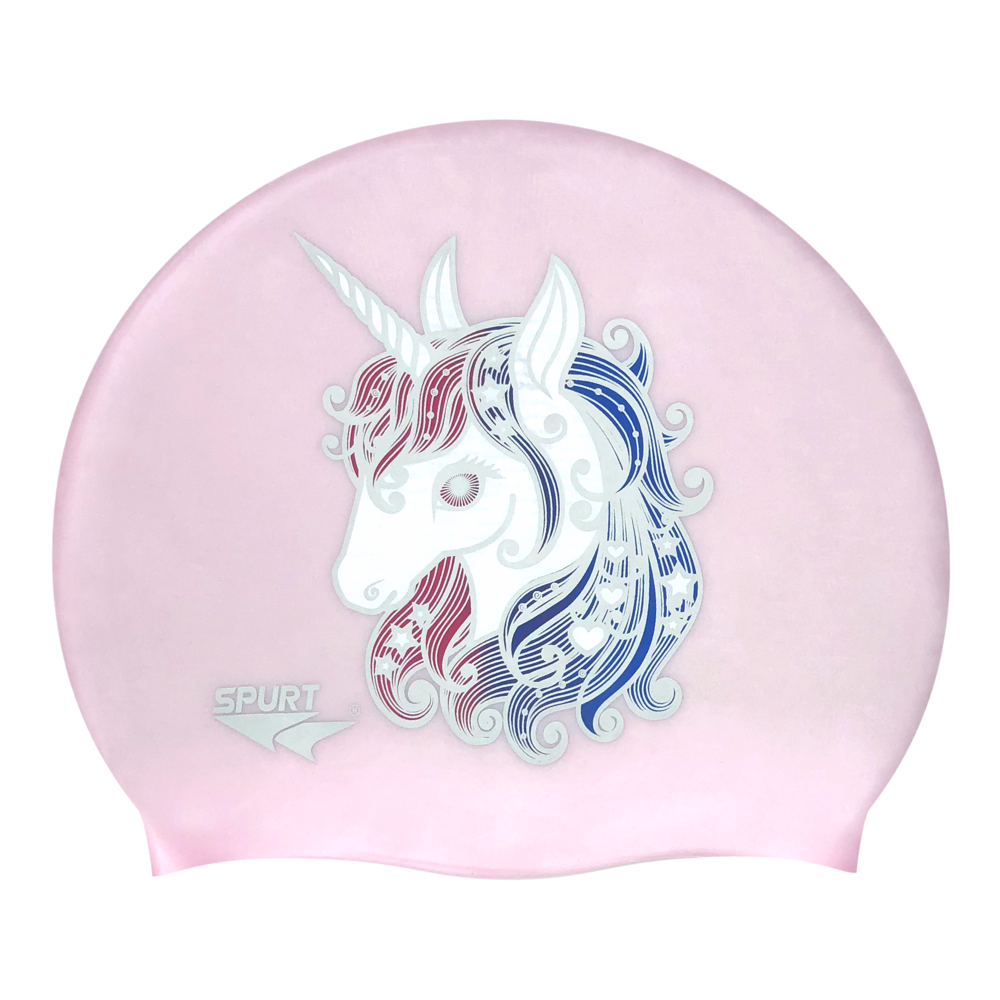 Unicorn with Stars and Hearts in Mane on G104 Pale Pink Spurt Silicone Swim Cap