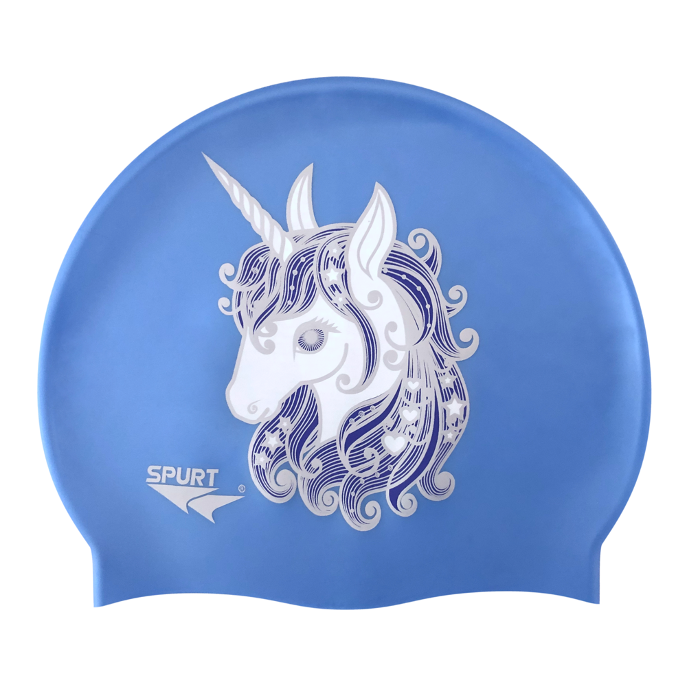 Unicorn with Stars and Hearts in Mane on SB12 Lavender Blue Spurt Silicone Swim Cap