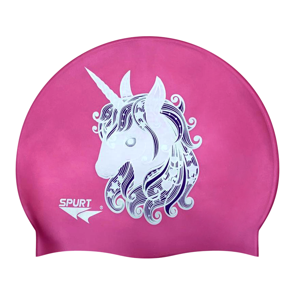 Unicorn with Stars and Hearts in Mane on SH87 Dark Pink Spurt Silicone Swim Cap
