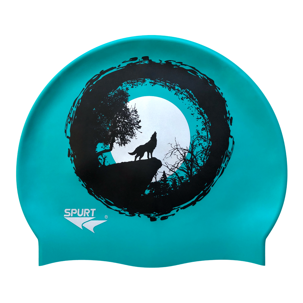Wolf Howling at the Moon on SD24 Turquoise Green Spurt Silicone Swim Cap
