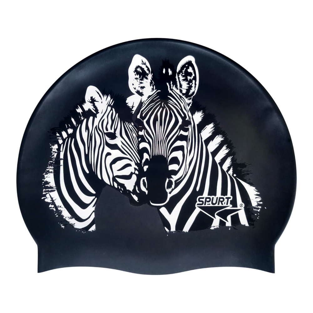 Zebra Faces in Black and White on SB14 Metallic Black Spurt Silicone Swim Cap