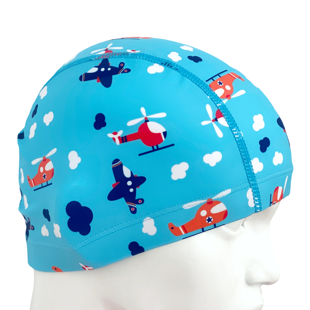 Lycra Fantasy Lycra Swim Cap Size Small in Helicopters and Planes on Light Blue