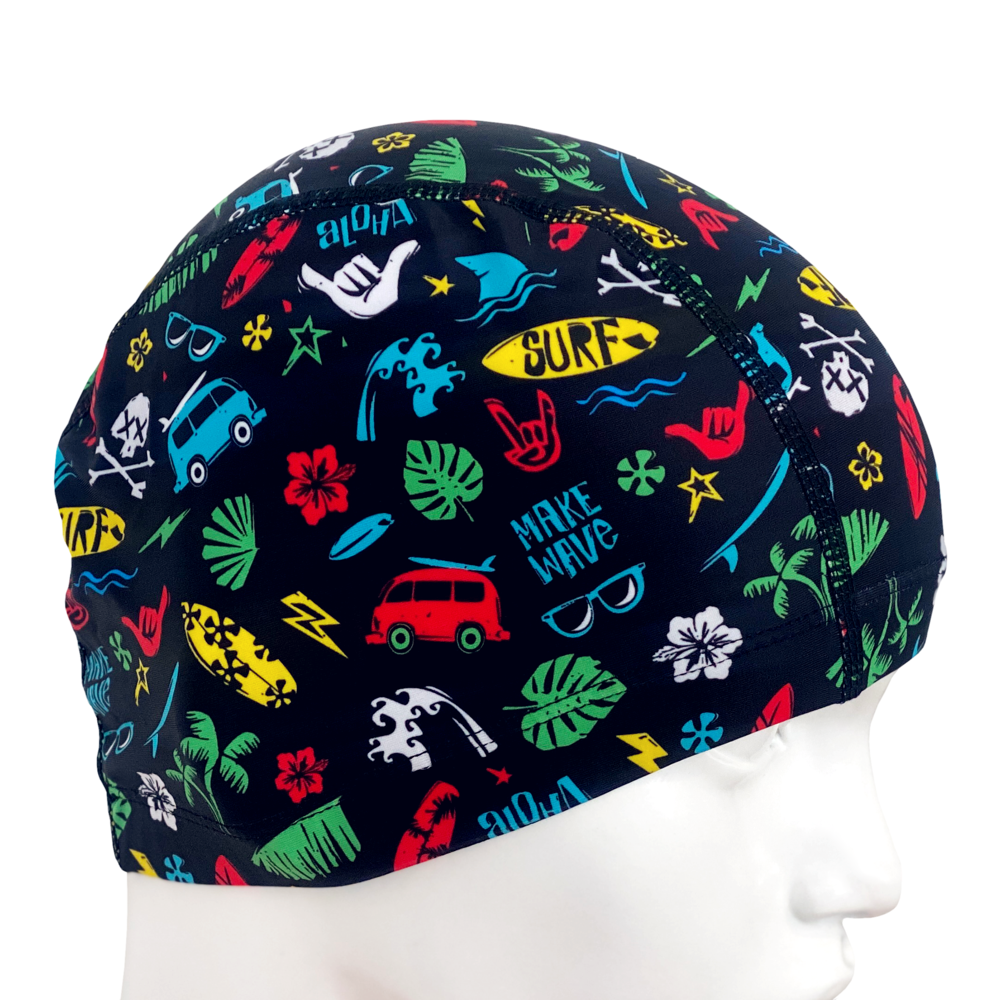 Lycra Fantasy Lycra Swim Cap Size Small in Surfer Island Theme on Black