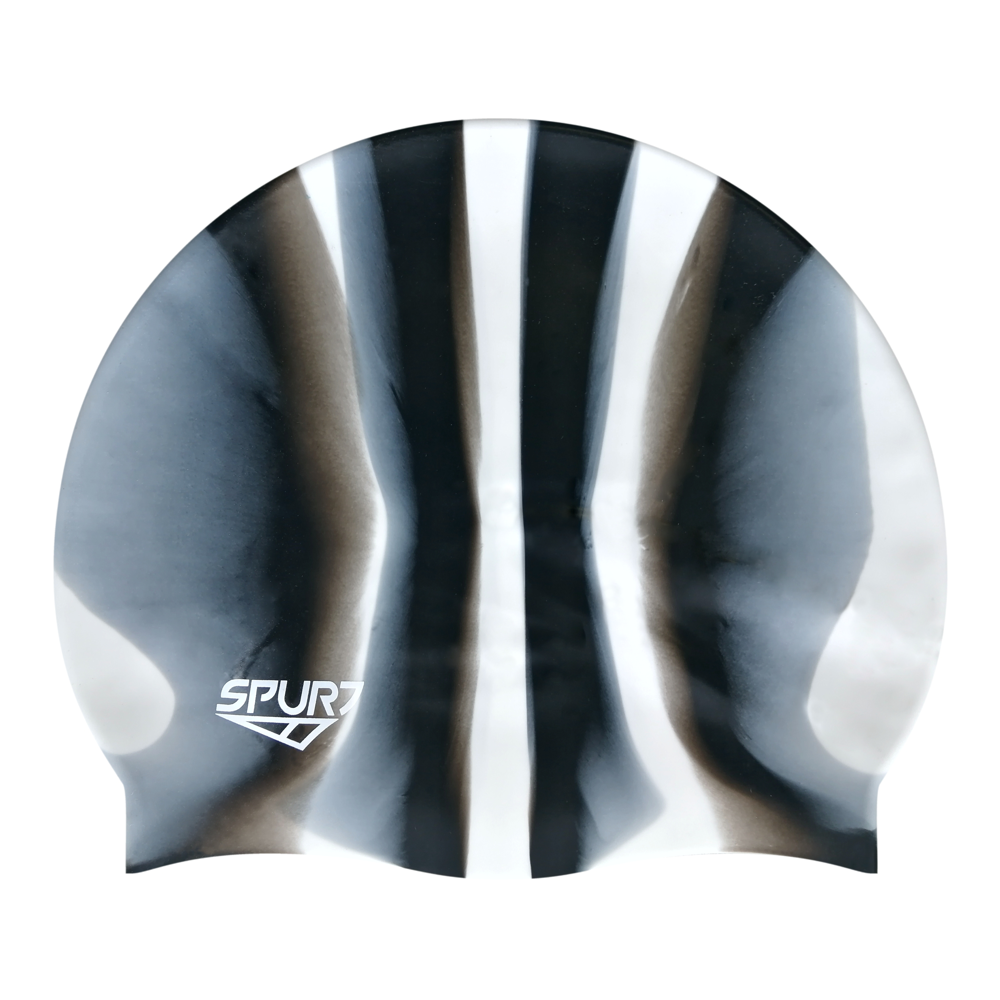 Spurt Multi-Colour Plain MI113 White and Black Vertical Stripes Silicone Swim Cap
