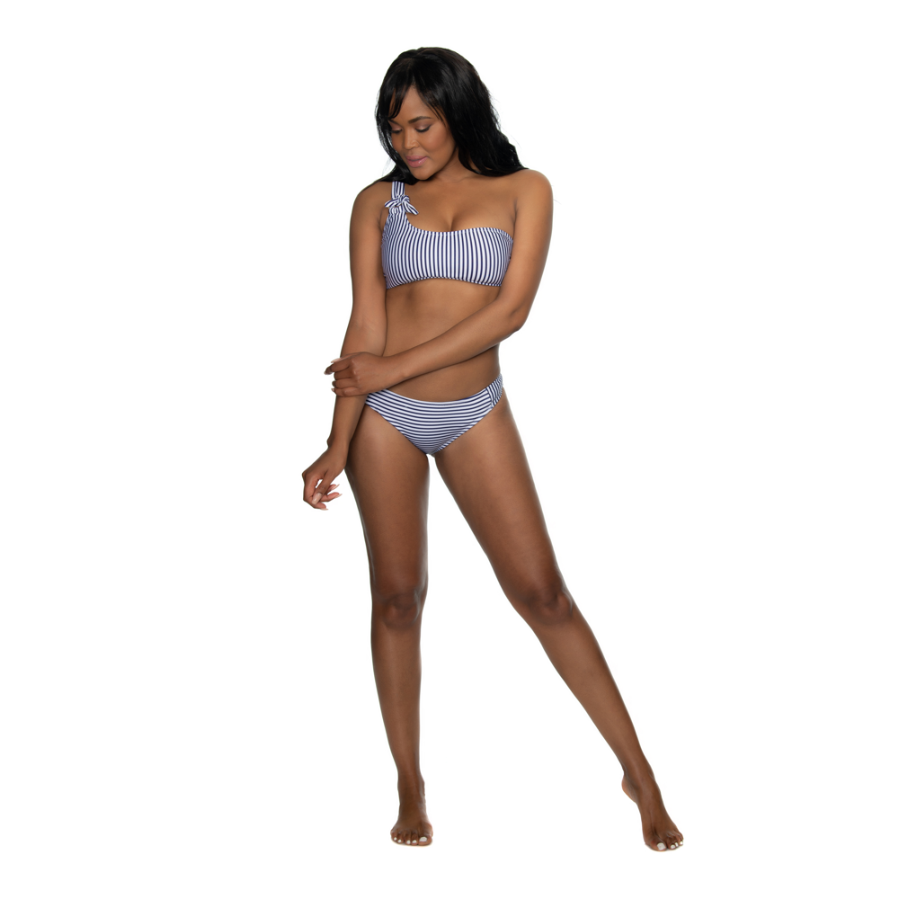 La'mor 41+24 One Shoulder Bikini Swimsuit in White and Navy Stripes