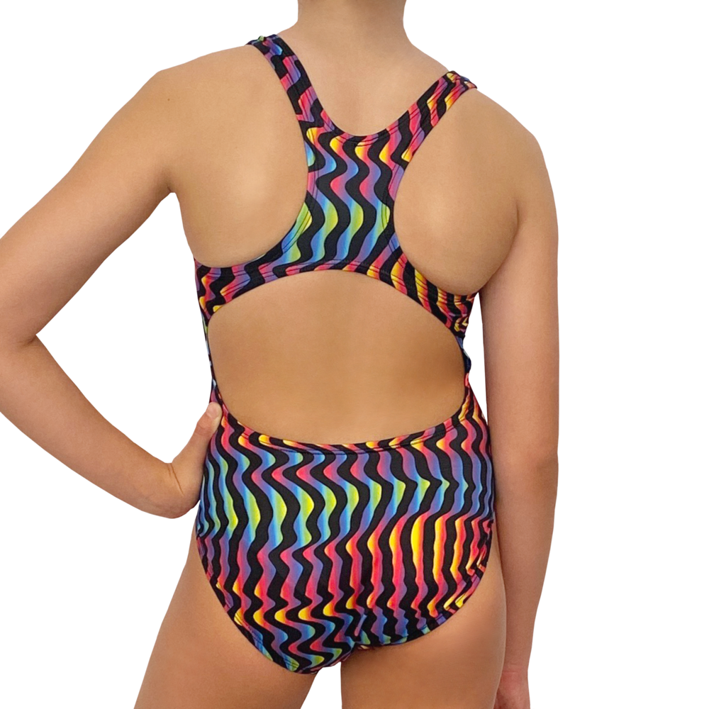 Kikx Extra Life Fastback Swimsuit in Neon Rainbow Wavy Lines on Black