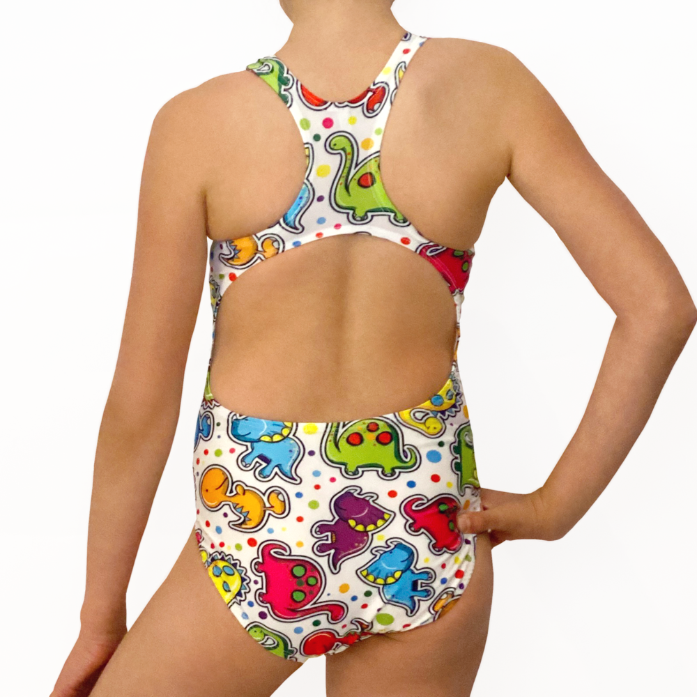 Extra Life Fastback Swimsuit in Colourful Cartoon Dinosaurs on White