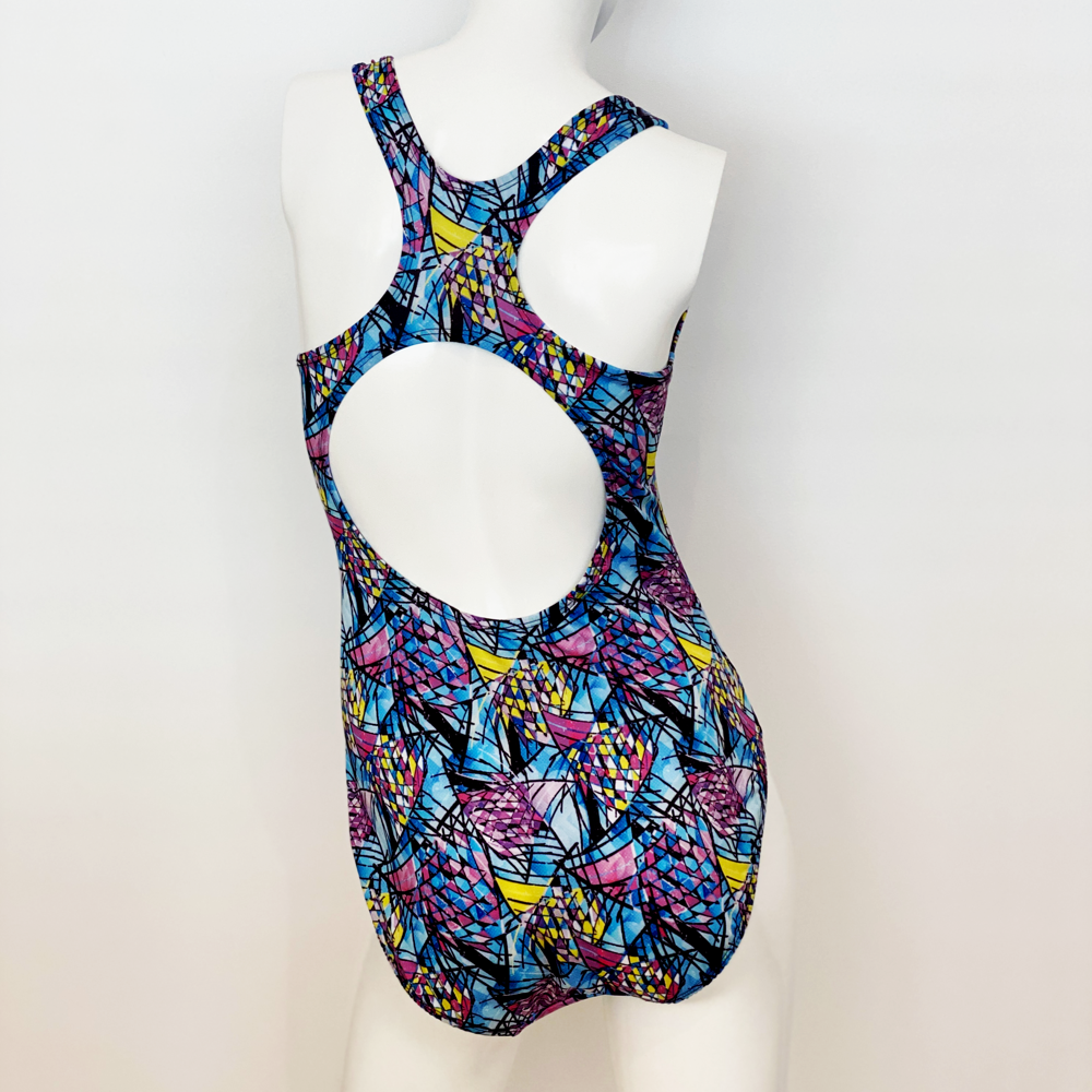 Extra Life Fastback Swimsuit in Full Print Blue, Pink and Yellow Triangle
