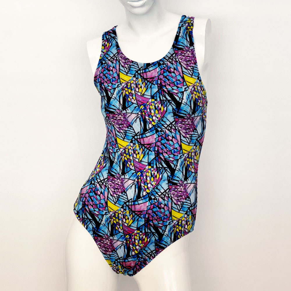 Extra Life Fastback Swimsuit in Full Print Blue, Pink and Yellow Triangle