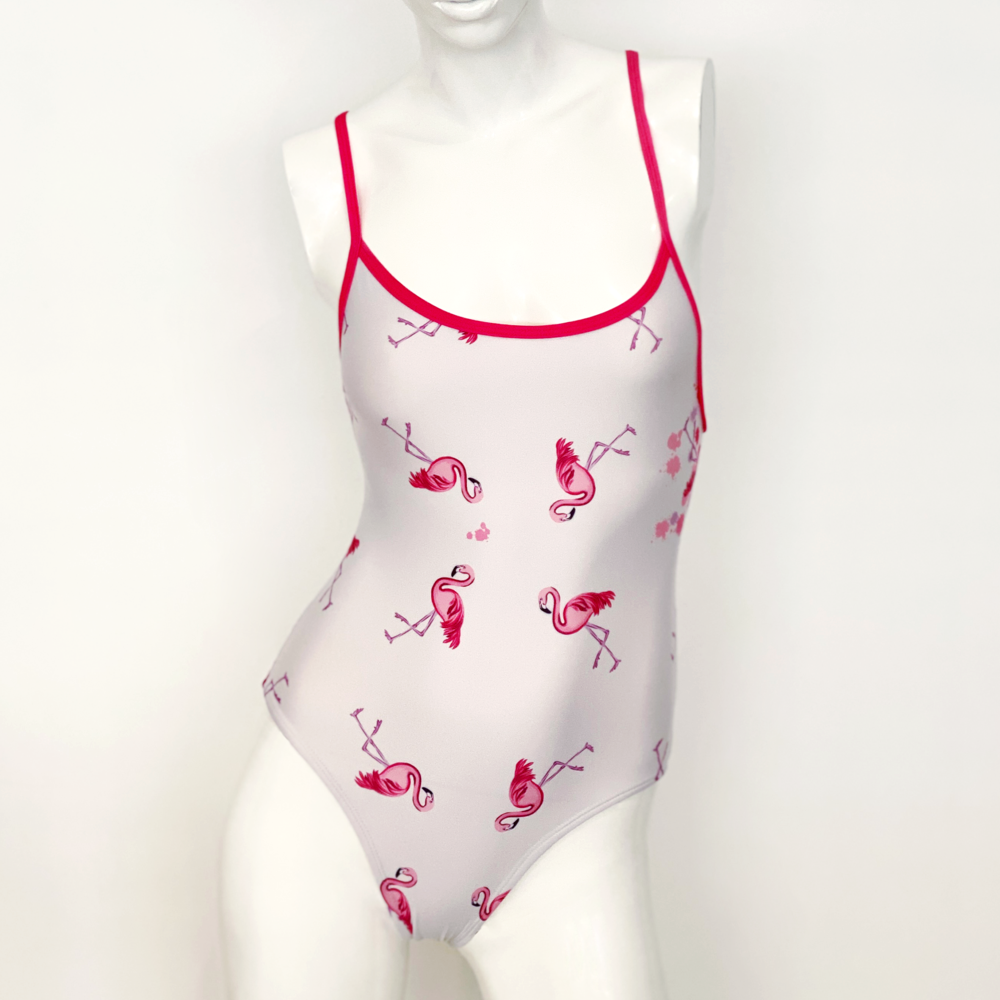Kikx Extra Life Thin Strap Swimsuit in Full Print Flamingos in Splashes on White