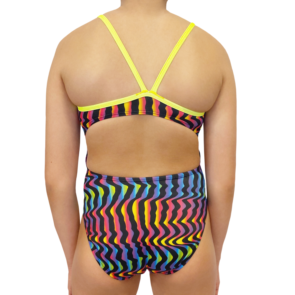 Kikx Extra Life Thin Strap Swimsuit in Neon Rainbow Wavy Lines on Black and Neon Yellow Straps