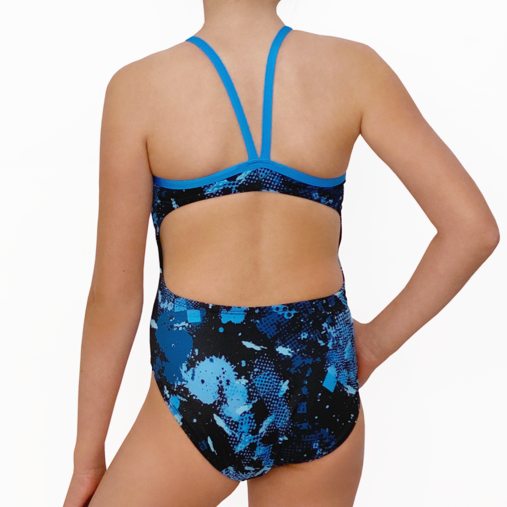 Extra Life Thin Strap Swimsuit in Black with Grunge Overlaid Blue and Light Blue with Sky Blue Straps