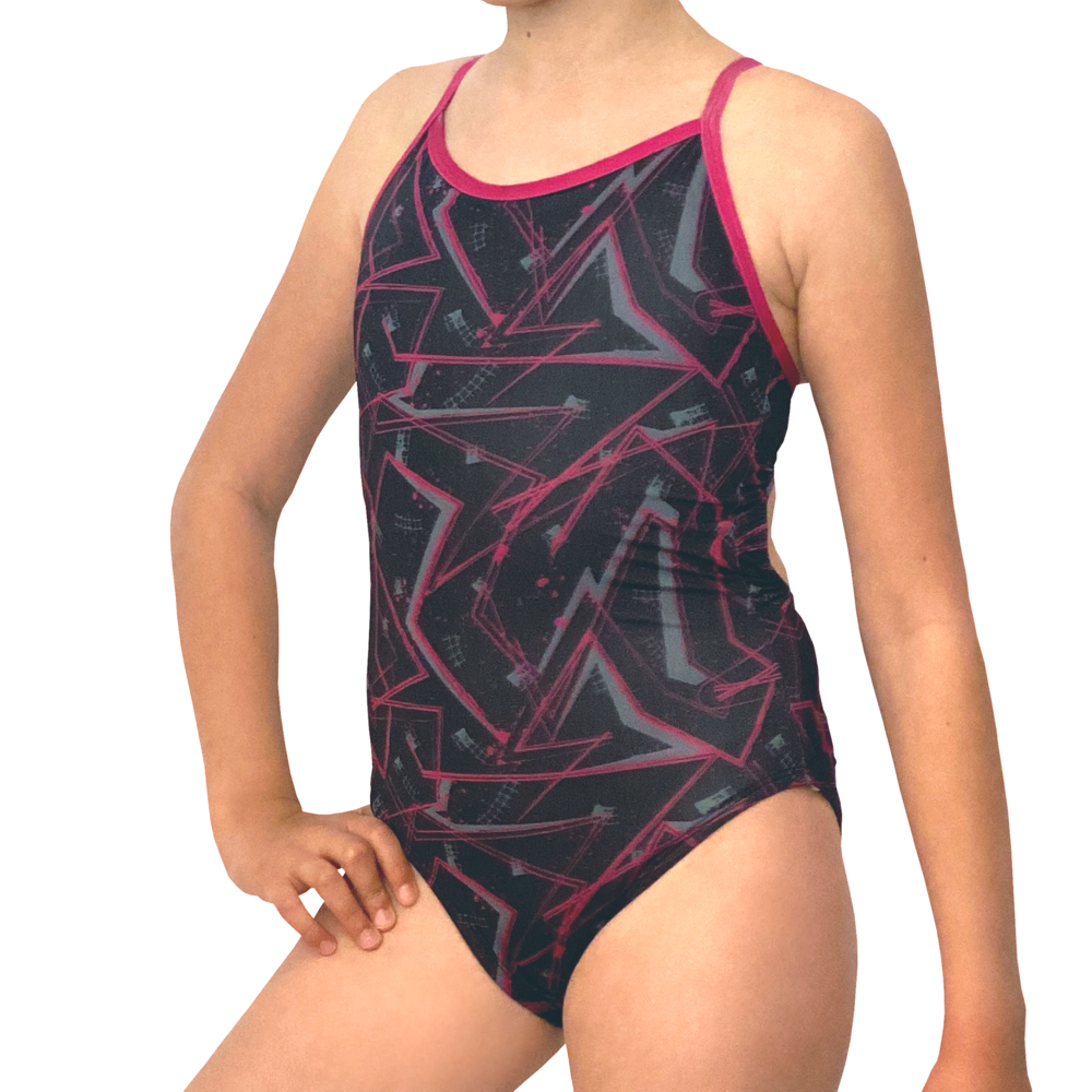 Extra Life Thin Strap Swimsuit in Black with Geometric Pinky Purple with Pink Straps