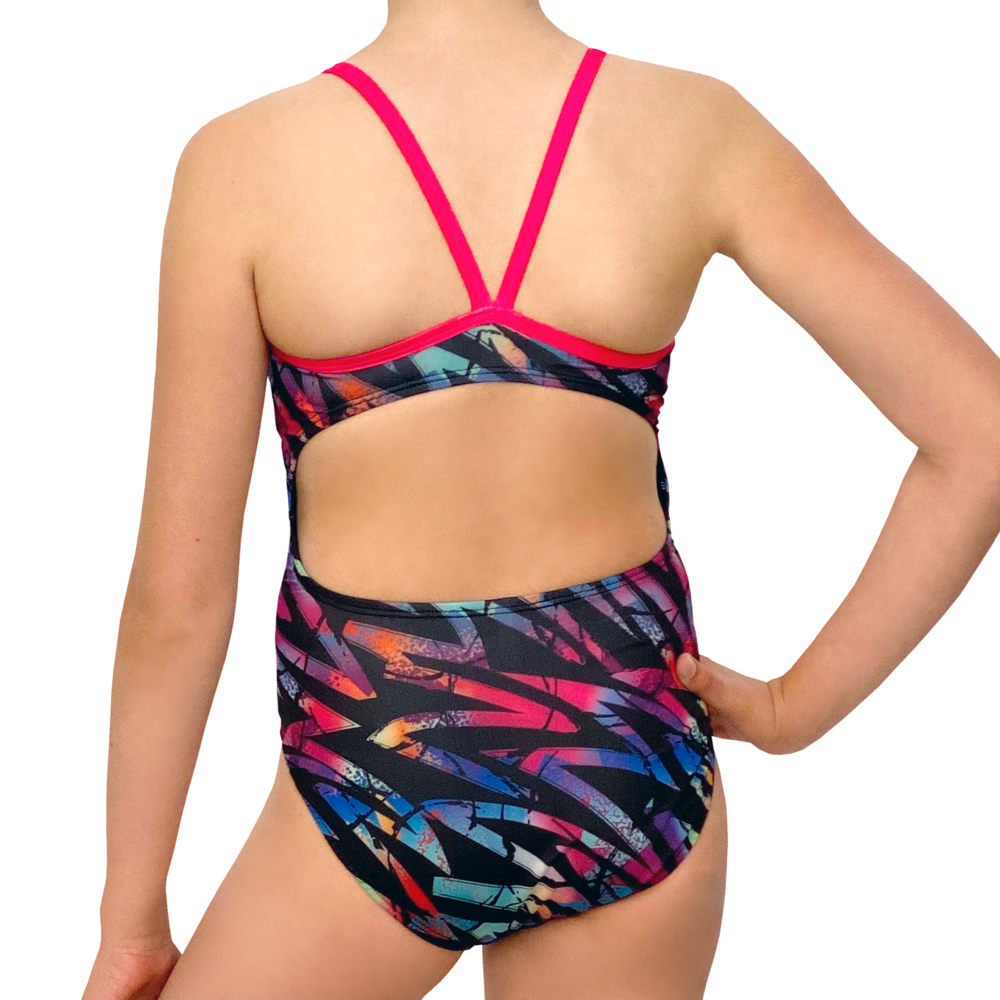 Extra Life Thin Strap Swimsuit in Black with Multi Colour Zigzag with Pink Straps