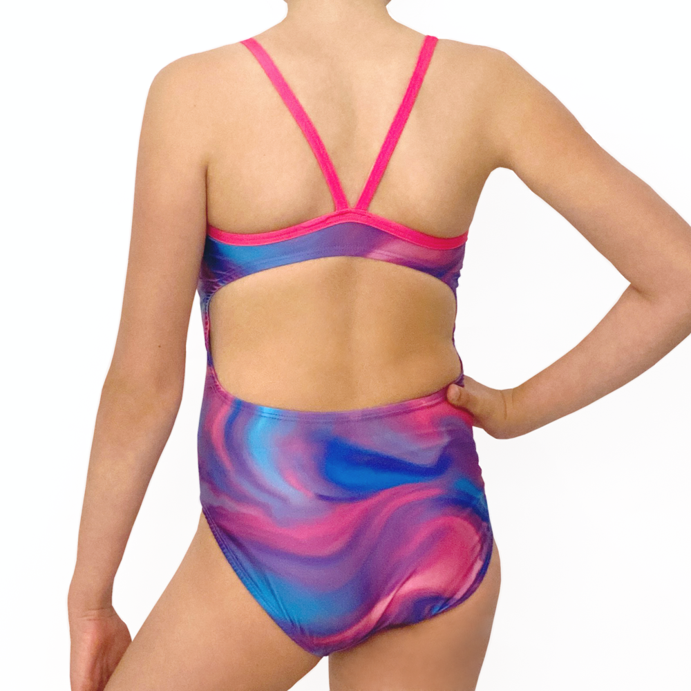 Extra Life Thin Strap Swimsuit in Full Print Pink and Lilac Tiedye