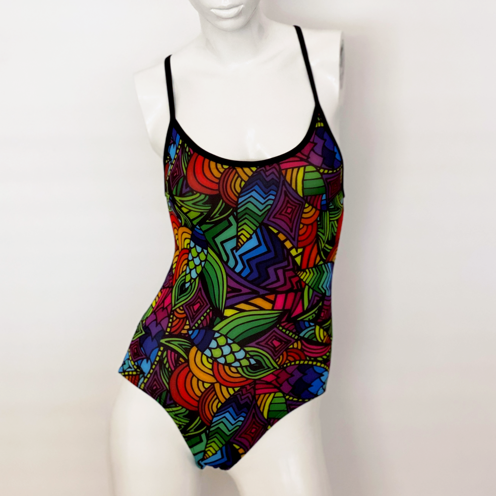Extra Life Thin Strap Swimsuit in Moroccan Hippie with Black Straps