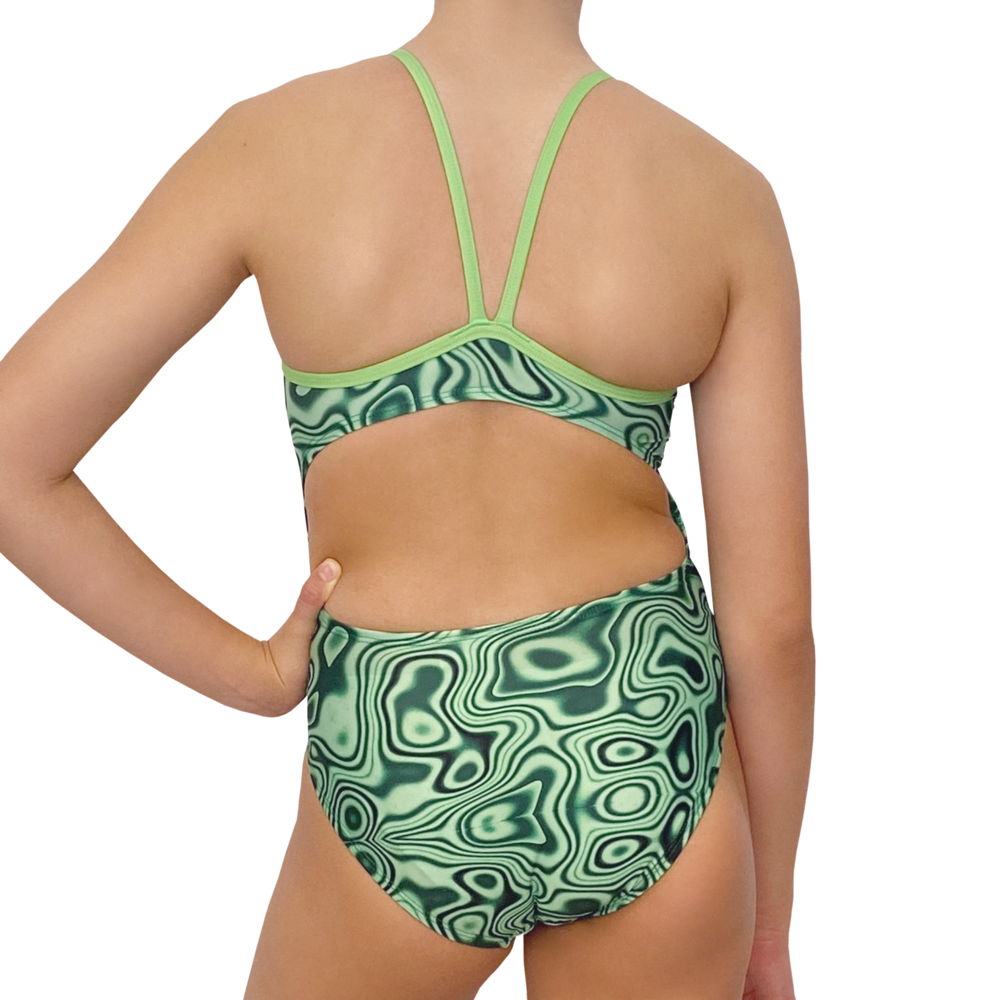 Extra Life Thin Strap Swimsuit in Molten Ripple in Lime and Bottle Green and Lime Green Straps