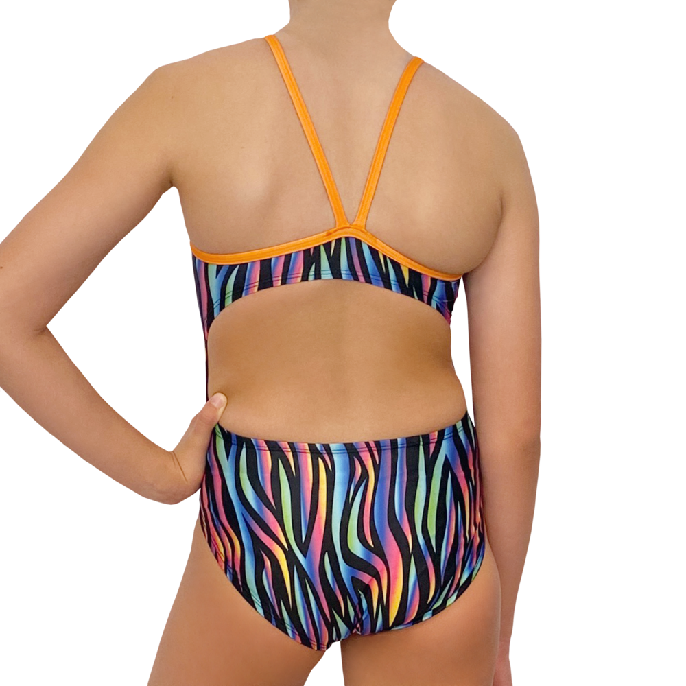 Extra Life Thin Strap Swimsuit in Neon Rainbow Zebra Print on Black and Orange Straps